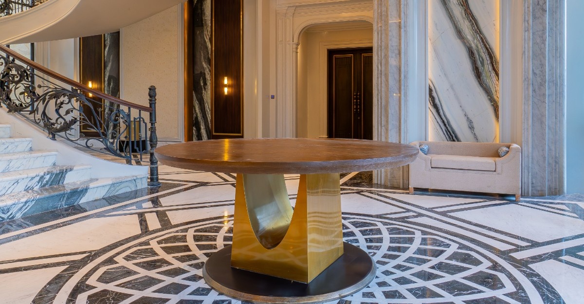 Modern bathroom design with gray marble walls and luxurious fixtures