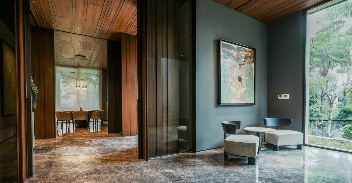 Elegant marble staircase with intricate patterns and modern architectural design